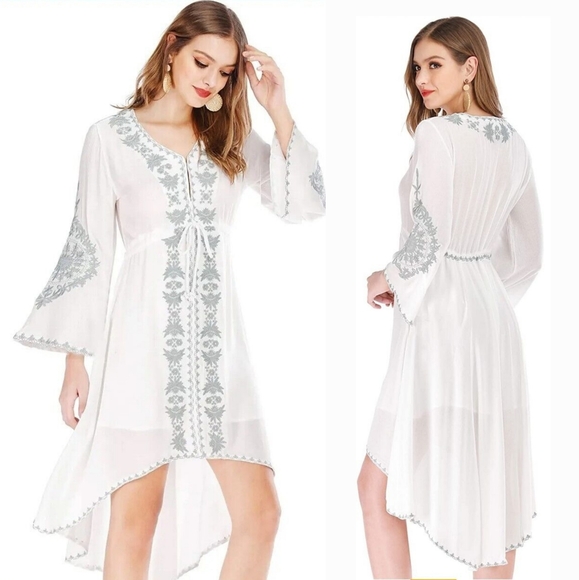 Women's White Boho Embroidered High Low Dress. Size M - Picture 1 of 17